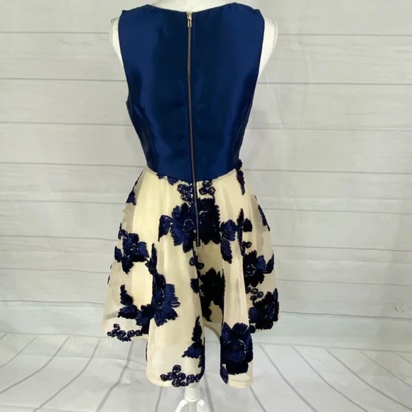 Maniju Blue Ivory Floral Fit and Flare Short Dress Sleeveless Formal Size Large - Picture 6 of 11